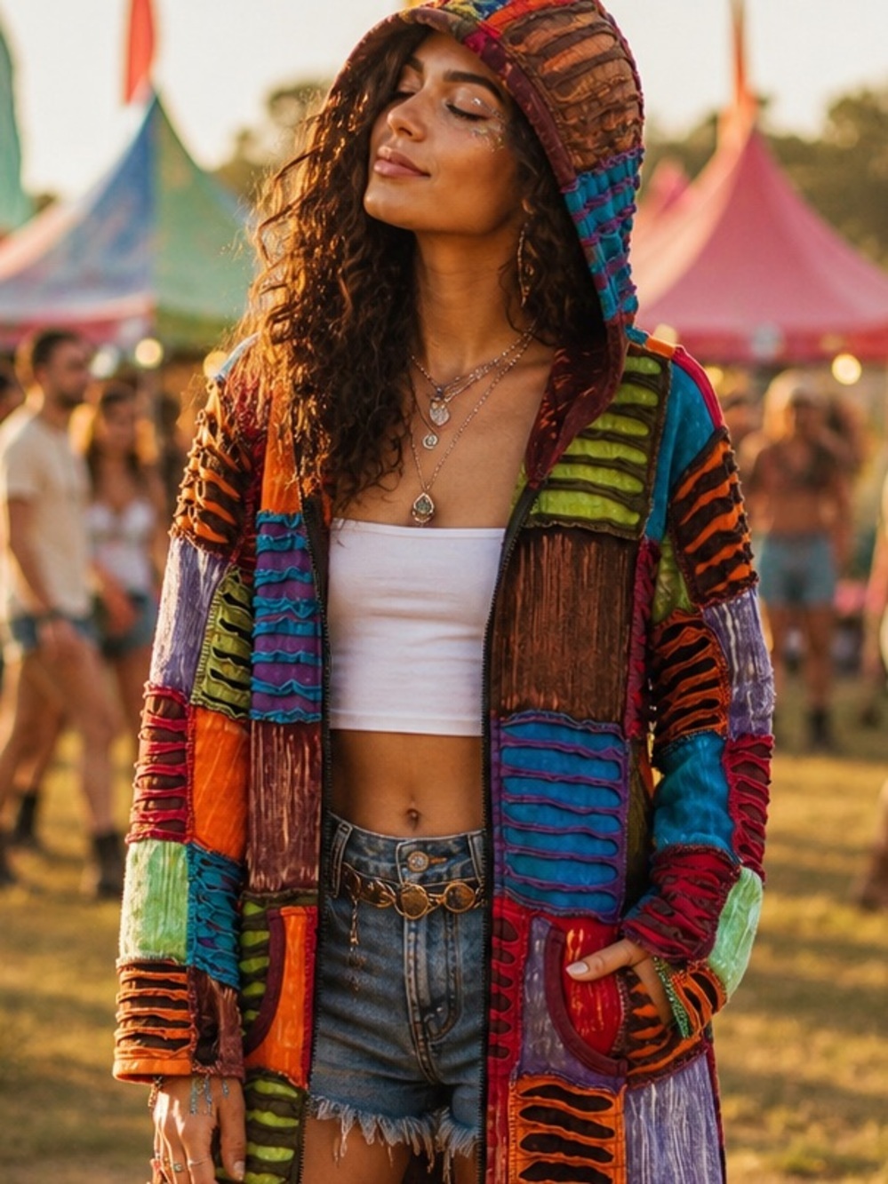 Boho Multicolor Patchwork Razor-Cut Long Hoodie/Jacket
